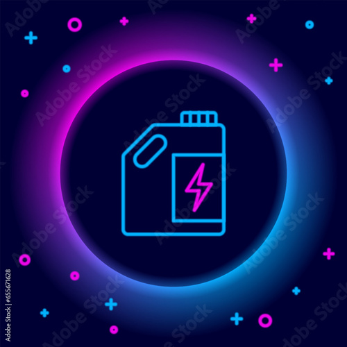 Glowing neon line Eco fuel canister icon isolated on black background. Eco bio and barrel. Green environment and recycle. Colorful outline concept. Vector