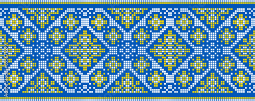 Vector illustration of Ukrainian ornament in ethnic style, identity, vyshyvanka, embroidery for print clothes, websites, banners. Background. Geometric design, border, copy space, frame