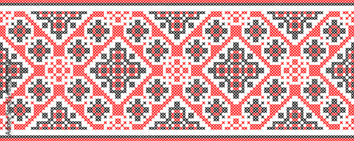 Vector illustration of Ukrainian ornament in ethnic style, identity, vyshyvanka, embroidery for print clothes, websites, banners. Background. Geometric design, border, copy space, frame