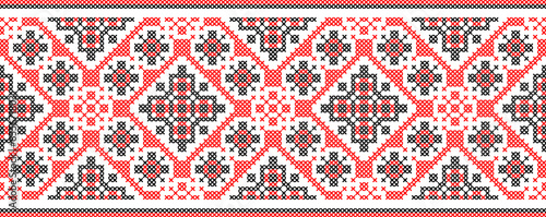 Vector illustration of Ukrainian ornament in ethnic style, identity, vyshyvanka, embroidery for print clothes, websites, banners. Background. Geometric design, border, copy space, frame