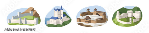 Medieval fortress set. Ancient castles on mountain, historical chateau, royal fort, kingdom building with towers, bastion. Old city architecture. Flat isolated vector illustration on white background