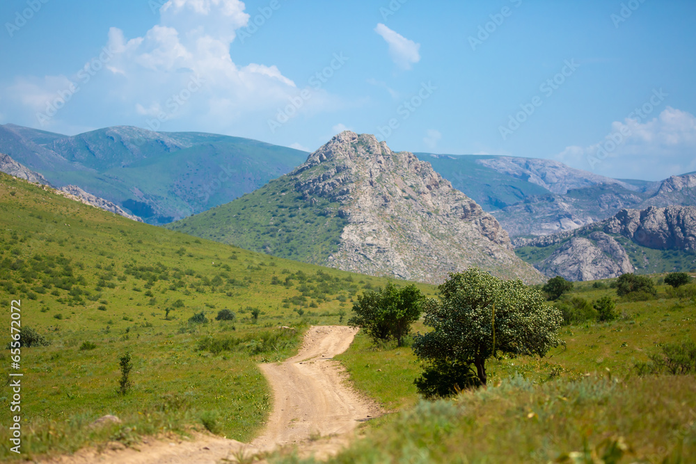 Beautiful highlands nature landscape in summer. Panoramic view of the mountains in the distance, blue clouds over the mountains. Long banner of mountain panorama.