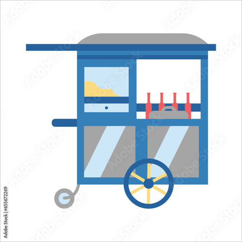 Gerobak mie ayam biru, pangsit mi ayam abang-abang, warung penjual cwi mie, chicken noodle food cart, flat vector illustration
