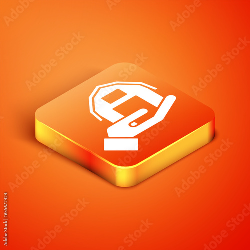 Isometric Farm house in hand icon isolated on orange background. Vector