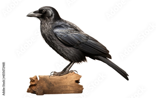 Black Crow Bird Sitting on Branch of Tree Isolated on White Transparent Background.