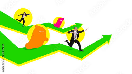 Poster. Contemporary art collage. Motivated business people dressed officially and bright splashes-colleagues jumping on graph arrows