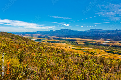View of the fertile Olifants River Valley and the Koue Bokkeveld Mountains in the background near Citrusdal, Western Cape, South Africa