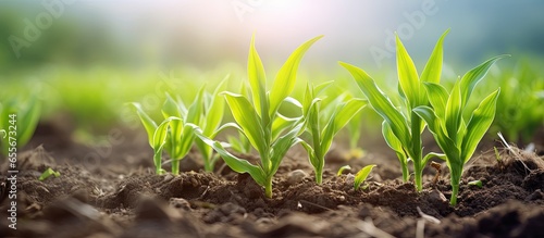 Young green corn seedling sprouts in a cultivated farm field in spring with a soft focus with copyspace for text