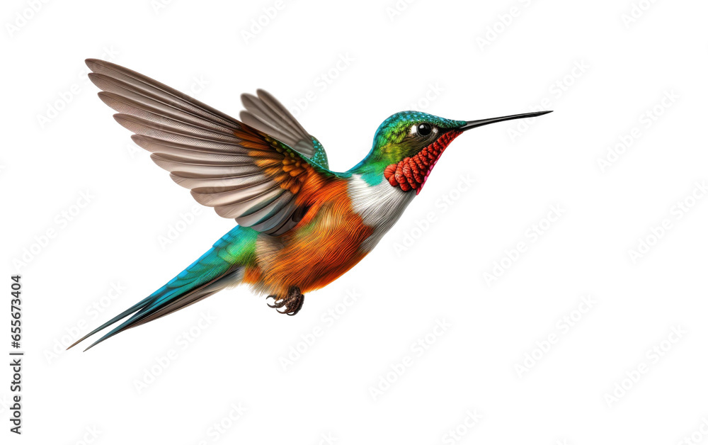 Flying Colorful Hummingbird Isolated on White Transparent Background.