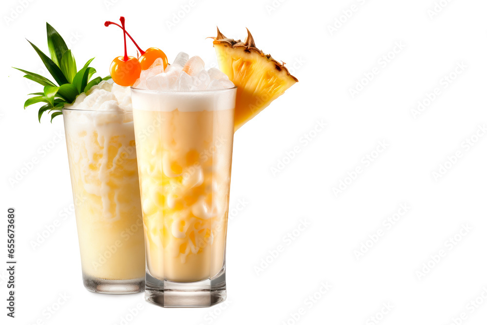 Set of Pina Colada cocktails with pineapple, coconut and creamy white top - obrazy, fototapety, plakaty 