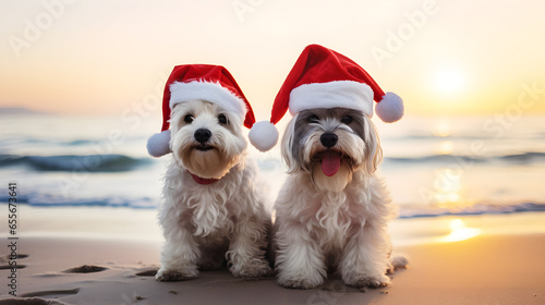 New Year's dog in a Santa Claus hat on the background of the beach © Taisiia