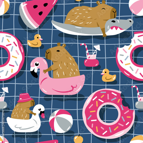 Seamless vector pattern with cute capybaras on pool floats. Hand drawn summer wallpaper design. Perfect for textile, wallpaper or nursery print design.