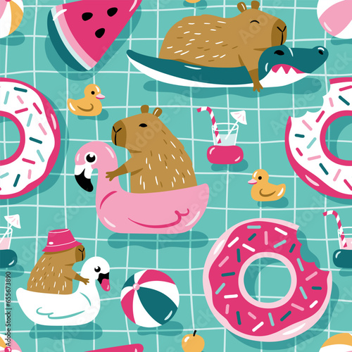 Seamless vector pattern with cute capybaras on pool floats. Hand drawn summer wallpaper design. Perfect for textile, wallpaper or nursery print design. photo