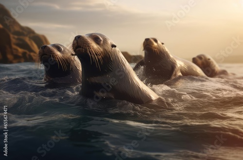 Sea lions on rocks in the water