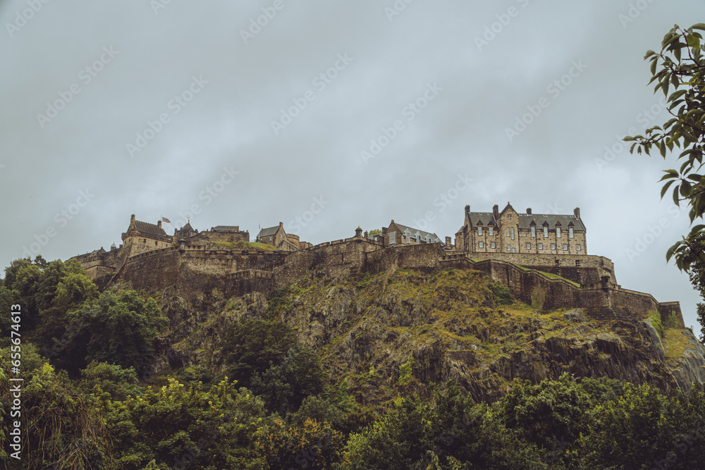 Scenic Landscape with Ancient Building and Historic Architecture Against Blue Sky - Edinburgh Castle