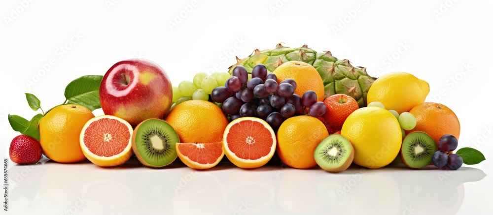 Variety of juicy fruits with natural nutrition against a fresh fruit background Variety of juicy fruits with natural nutrition against a fresh fruit background