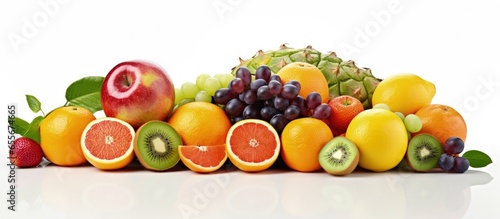 Variety of juicy fruits with natural nutrition against a fresh fruit background
