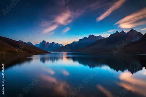 sunrise over lake,Tranquil Mountain Lake at Dusk with Dramatic Cloudscapes,Pristine Lake Reflecting Snow-Capped Peaks, Rugged Peaks Encircling a Calm Lake,