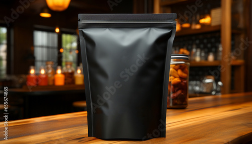 Black matte doypak metallized at the ordering counter. Empty space for your text, design or logo. Stand-up pouch photo