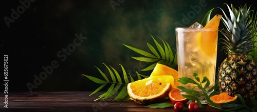 Tropical drink with vodka fruits and ice Summer mocktail with exotic vibes with copyspace for text