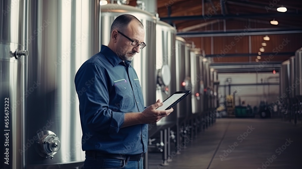 Editorial photo of a modern factory worker in an eletronics factory, using a tablet to input some data. Editorial photo of a modern factory worker in an eletronics factory, using a tablet to input some data.