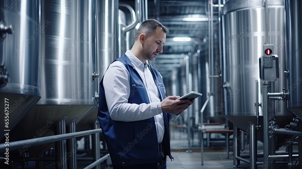 Editorial photo of a modern factory worker in an eletronics factory, using a tablet to input some data. Editorial photo of a modern factory worker in an eletronics factory, using a tablet to input some data.
