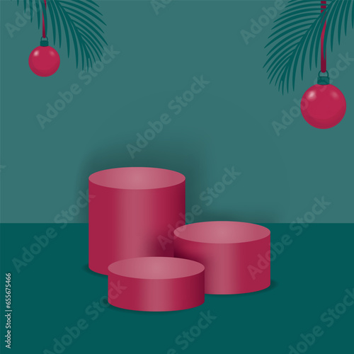 Christmas red podiums on a green background with spruce branches and red Christmas balls. Christmas and New Year concept