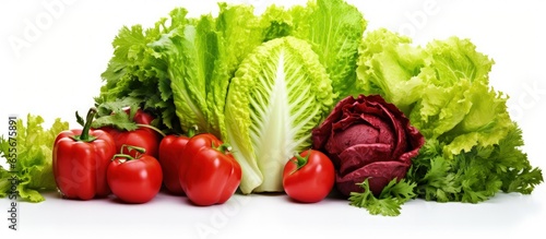 Vegetables including lettuce on white background with copyspace for text