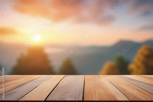 Wood table product presentation with sunset background