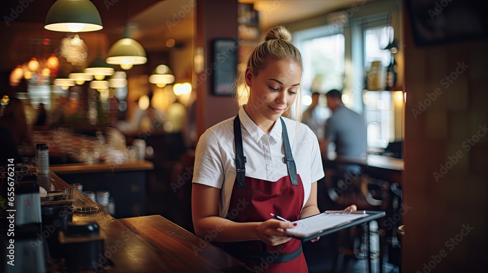 Fototapeta premium Happy restaurant owners, using new technology for better efficiency and time saving, waitress serving wine in the background, restaurant style modern
