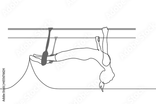 woman doing pilates on a machine - one line art vector. concept  lesson on reformer