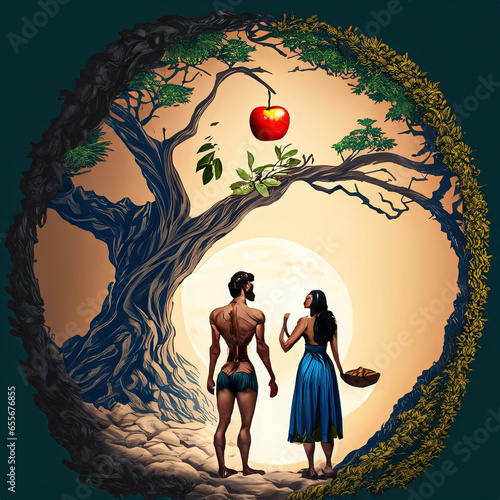 Canvastavla Adán y Eva en el paraíso delante del árbol del bien y del mal con la manzana (ge