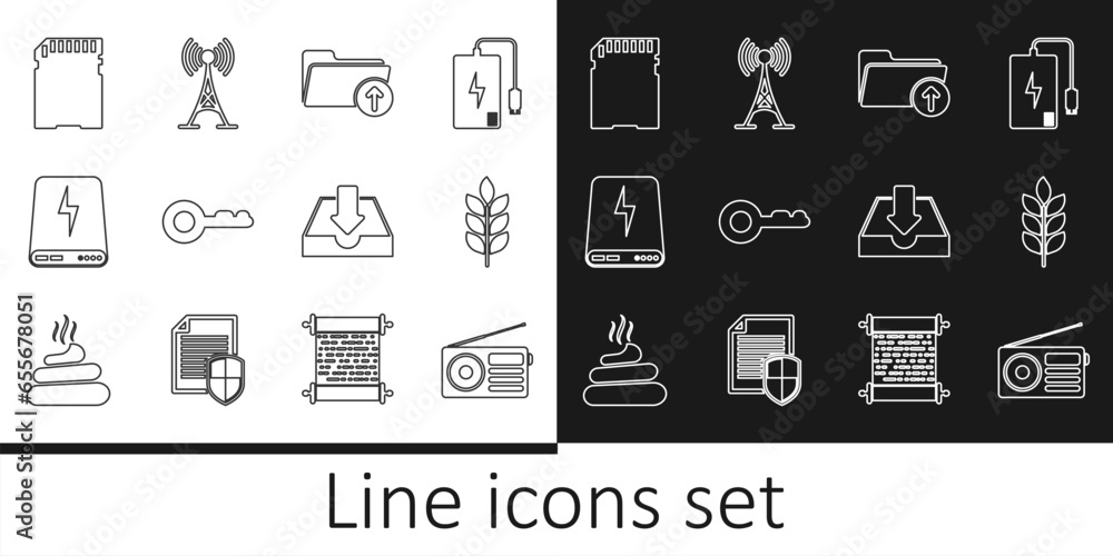 Set line Radio, Wheat, Download arrow with folder, Key, Power bank, SD card, inbox and Antenna icon. Vector