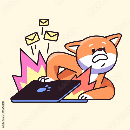 Scared dog overwork and gets notifications. Cute Shiba work on laptop, upset freelancer answering mails, freelance remote worker. Chat about deadlines in messenger. Flat isolated vector illustration