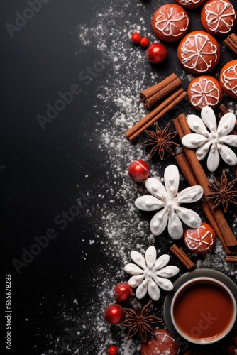 Festive Christmas New Year background with shortbread gingerbread cookies. Holiday Christmas