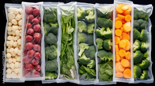 Lots of chopped vegetables packed in vinyl bags freezer shelf in refrigerator