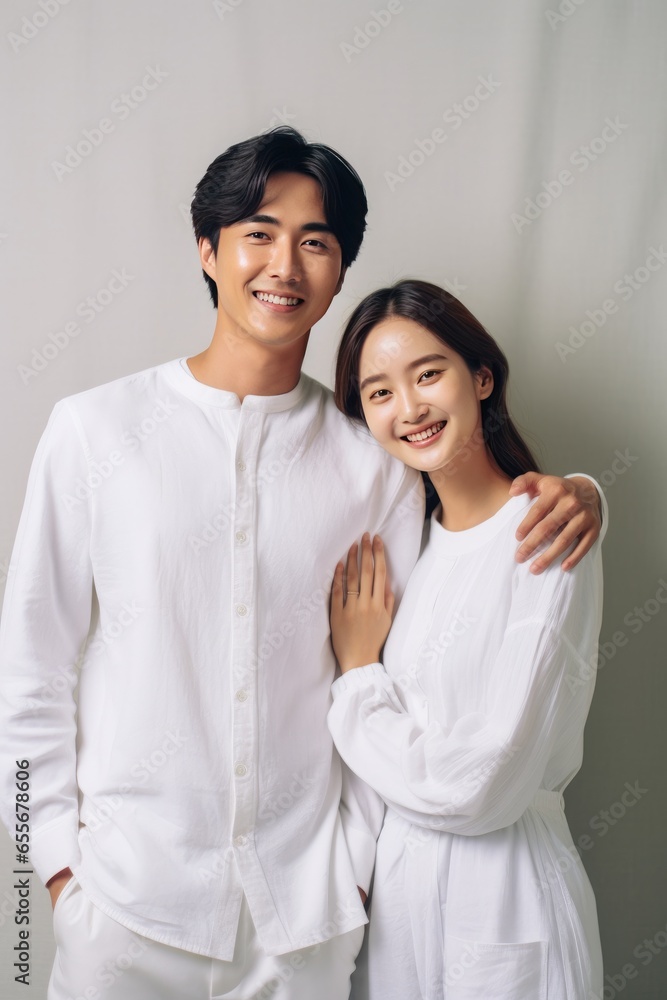 Photo shoot wedding in studio of a cute couple groom and bride with wearing white costume. Generative Ai Photo shoot wedding in studio of a cute couple groom and bride with wearing white costume. Generative Ai