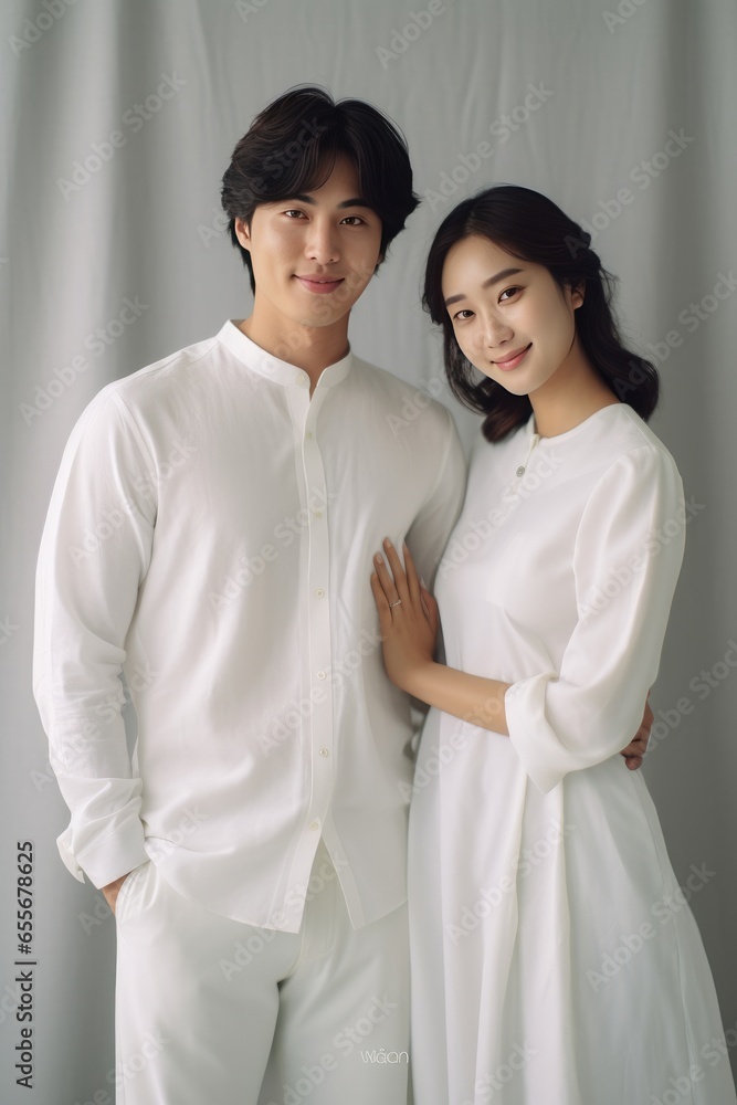 Photo shoot wedding in studio of a cute couple groom and bride with wearing white costume. Generative Ai Photo shoot wedding in studio of a cute couple groom and bride with wearing white costume. Generative Ai
