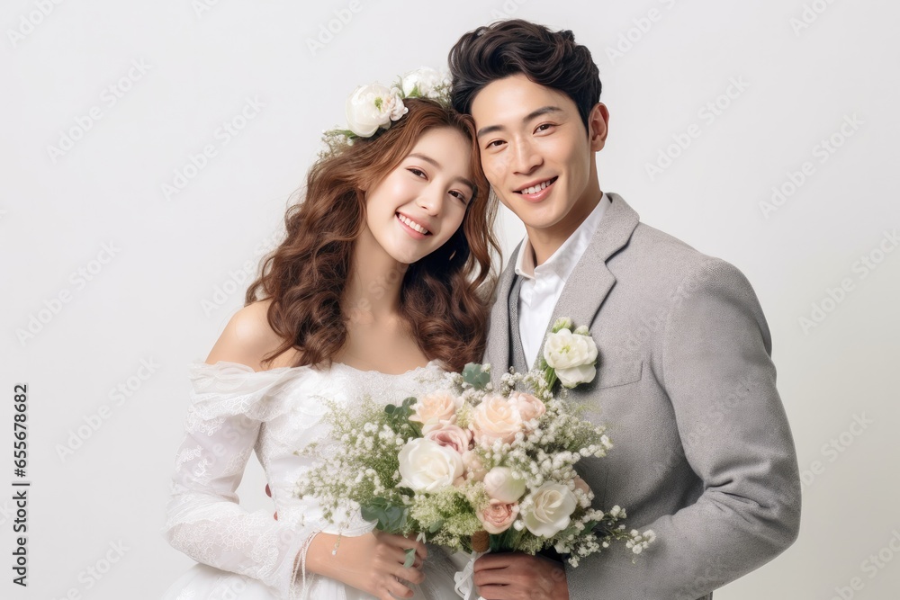 Photo shoot wedding in studio of a cute couple groom and bride with wearing white costume. Generative Ai Photo shoot wedding in studio of a cute couple groom and bride with wearing white costume. Generative Ai