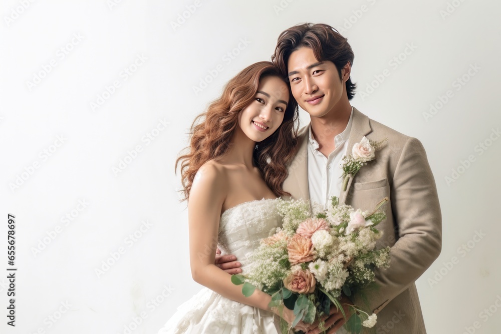 Photo shoot wedding in studio of a cute couple groom and bride with wearing white costume. Generative Ai Photo shoot wedding in studio of a cute couple groom and bride with wearing white costume. Generative Ai