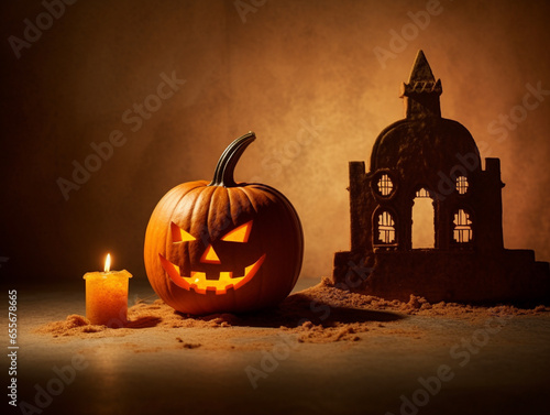 ハロウィーンのかぼちゃと城の背景イラスト　Generative AI