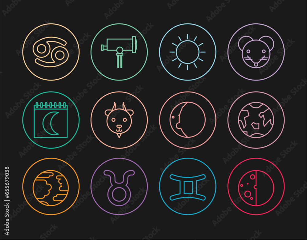 Set line Eclipse of the sun, Planet Earth, Sun, Aries zodiac, Moon phases calendar, Cancer, and Telescope icon. Vector Set line Eclipse of the sun, Planet Earth, Sun, Aries zodiac, Moon phases calendar, Cancer, and Telescope icon. Vector