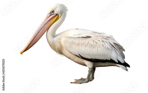 Standing Beautiful White Pelican Bird Isolated on White Transparent Background.