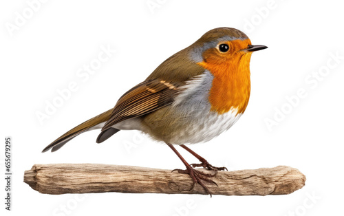 Stunning Colorful Robin Bird Standing on Branch of Tree Isolated on White Transparent Background.