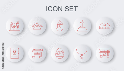 Set line Japan Gate, Jewish torah book, Ramadan Kareem lantern, Christian cross on chain, Burning candles, Masons, and Easter egg icon. Vector