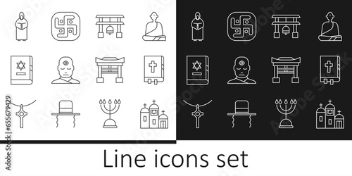 Set line Church building, Holy bible book, Japan Gate, Man with third eye, Jewish torah, Monk, and Jainism icon. Vector