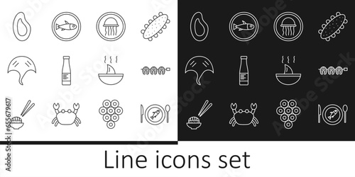 Set line Served fish on a plate, Grilled steak, Jellyfish, Sauce bottle, Stingray, Mussel, Shark fin soup and icon. Vector