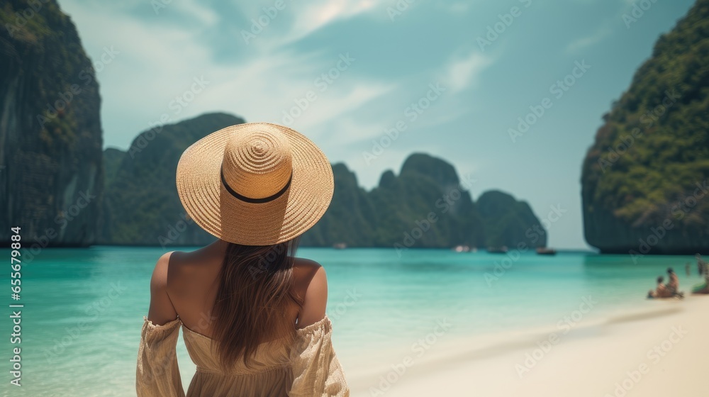 Asian female traveler in summer clothes Relaxing bliss on the sunny beach, Maya Bay, Phi Phi Island - obrazy, fototapety, plakaty 
