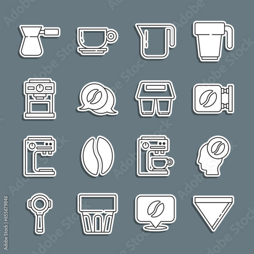 Set line Coffee paper filter, Barista, Street signboard coffee, pot, and conversation, machine, turk and cup to go icon. Vector