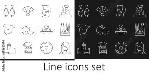 Set line Spanish woman, Sagrada Familia, Sangria, Orange fruit, Map of Spain, Earrings, Olives on plate and Fan flamenco icon. Vector